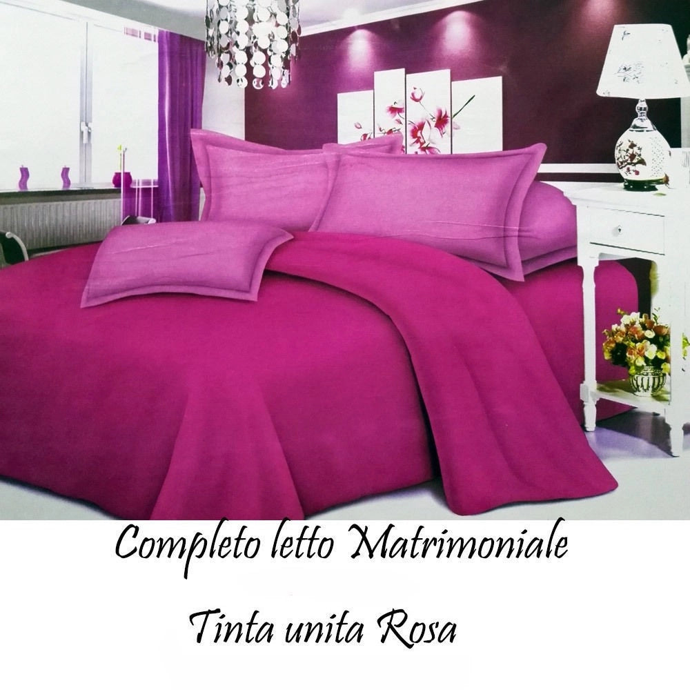 Trade Shop - Completo Letto Lenzuola Matrimoniale Con Copri Cuscini Tinta Unita Colore Rosa -