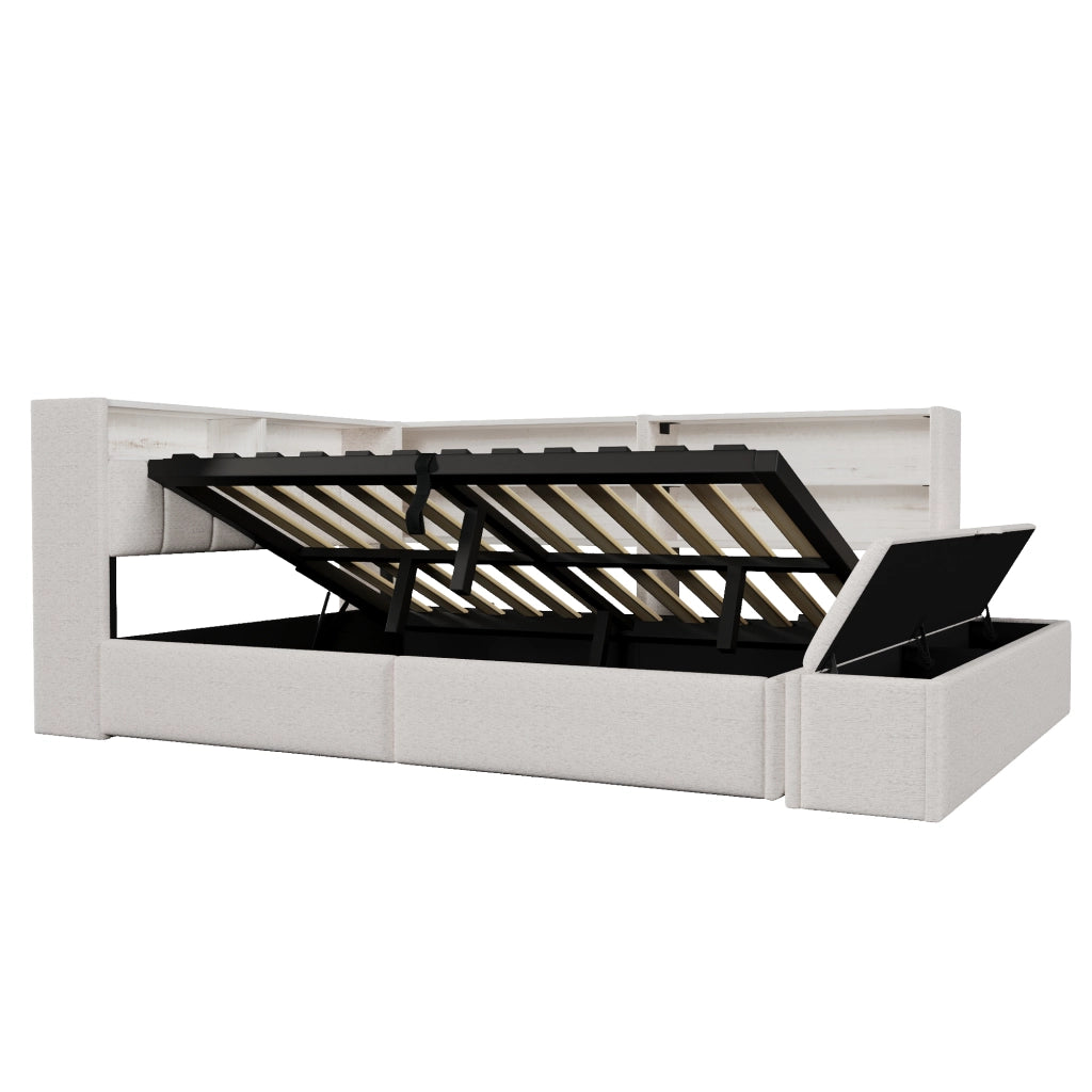 Letto contenitore 140x200 in velluto con sollevamento idraulico; luce RGB e prese USB