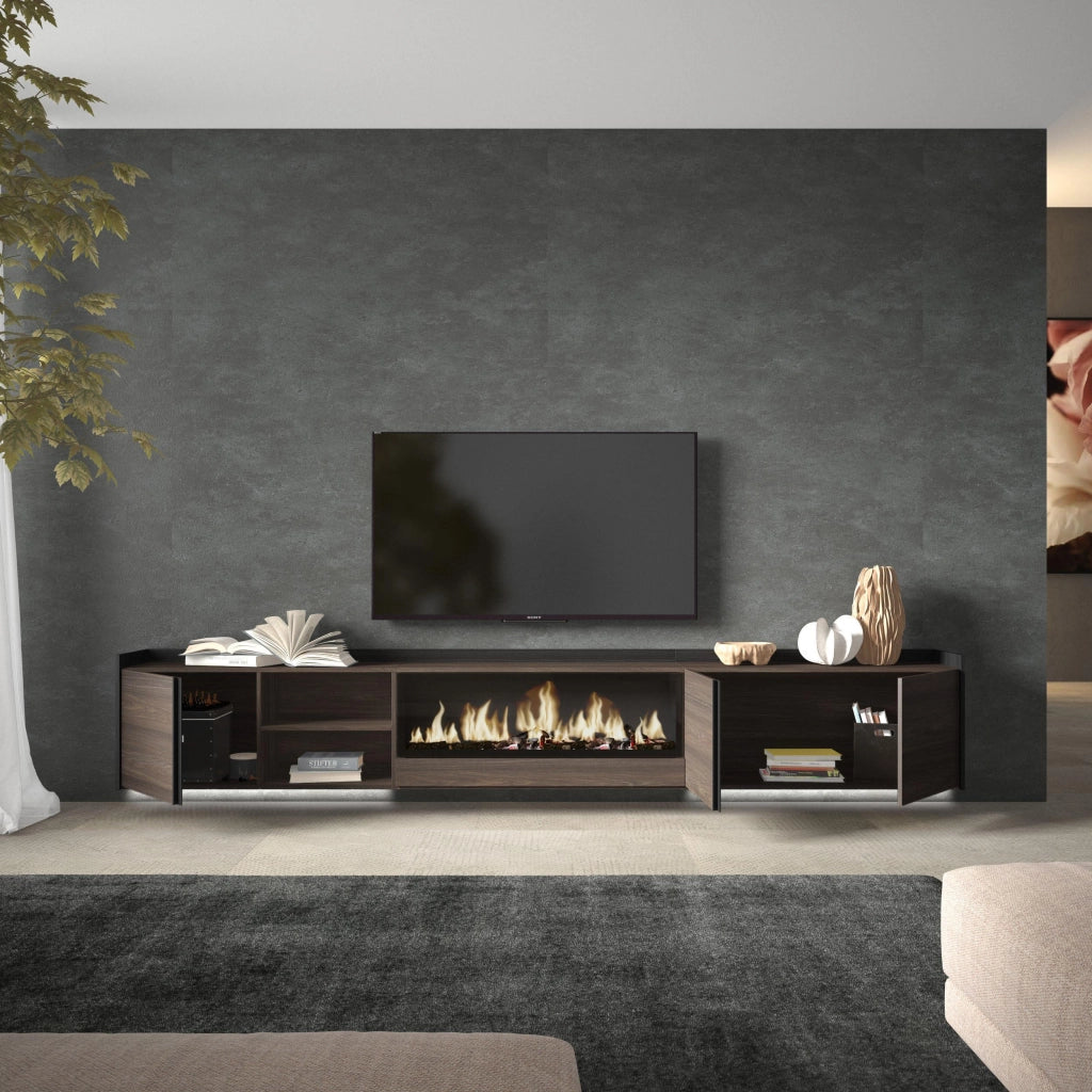 Mobile TV Soggiorno, 315x50x35 cm, Per TV fino a 80", Camino elettrico XXL, Sospeso, da appendere, LED, Rovere scuro e Nero