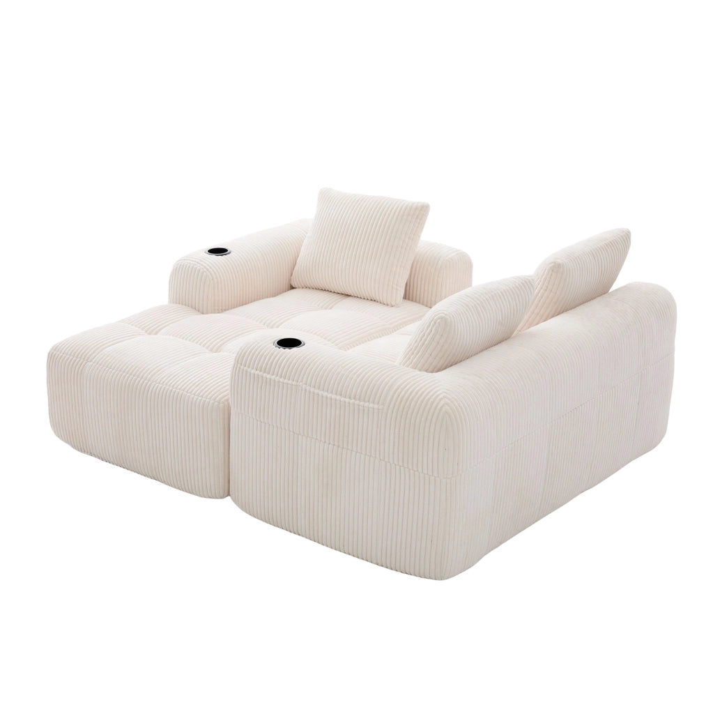 Divano componibile in corduroy beige 253x158x61 cm con tasche laterali e portabicchieri
