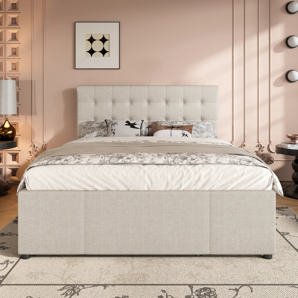 Letto imbottito 140x200 cm con letto estraibile e 3 cassetti; testiera regolabile; lino e MDF beige (Senza materasso)