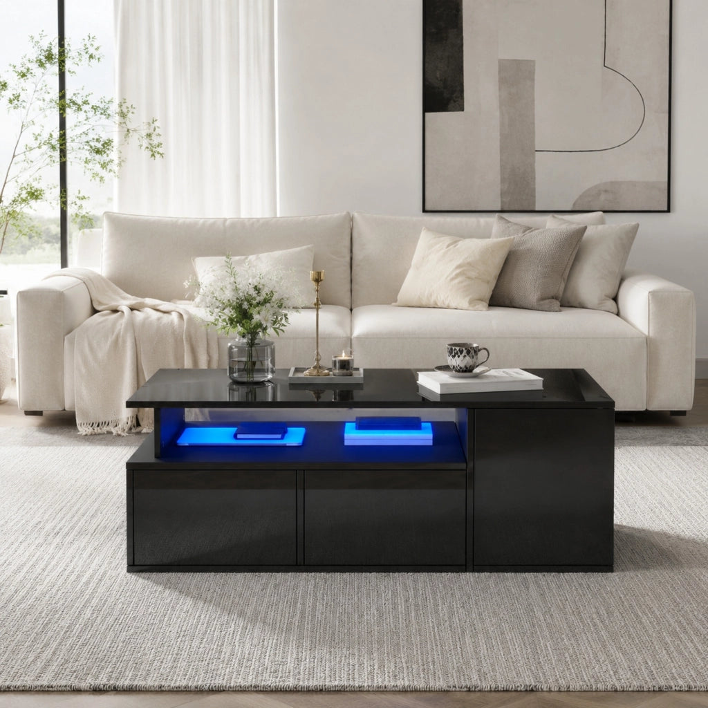 Tavolino da caffè LED nero con 2 cassetti, 100x50x35 cm