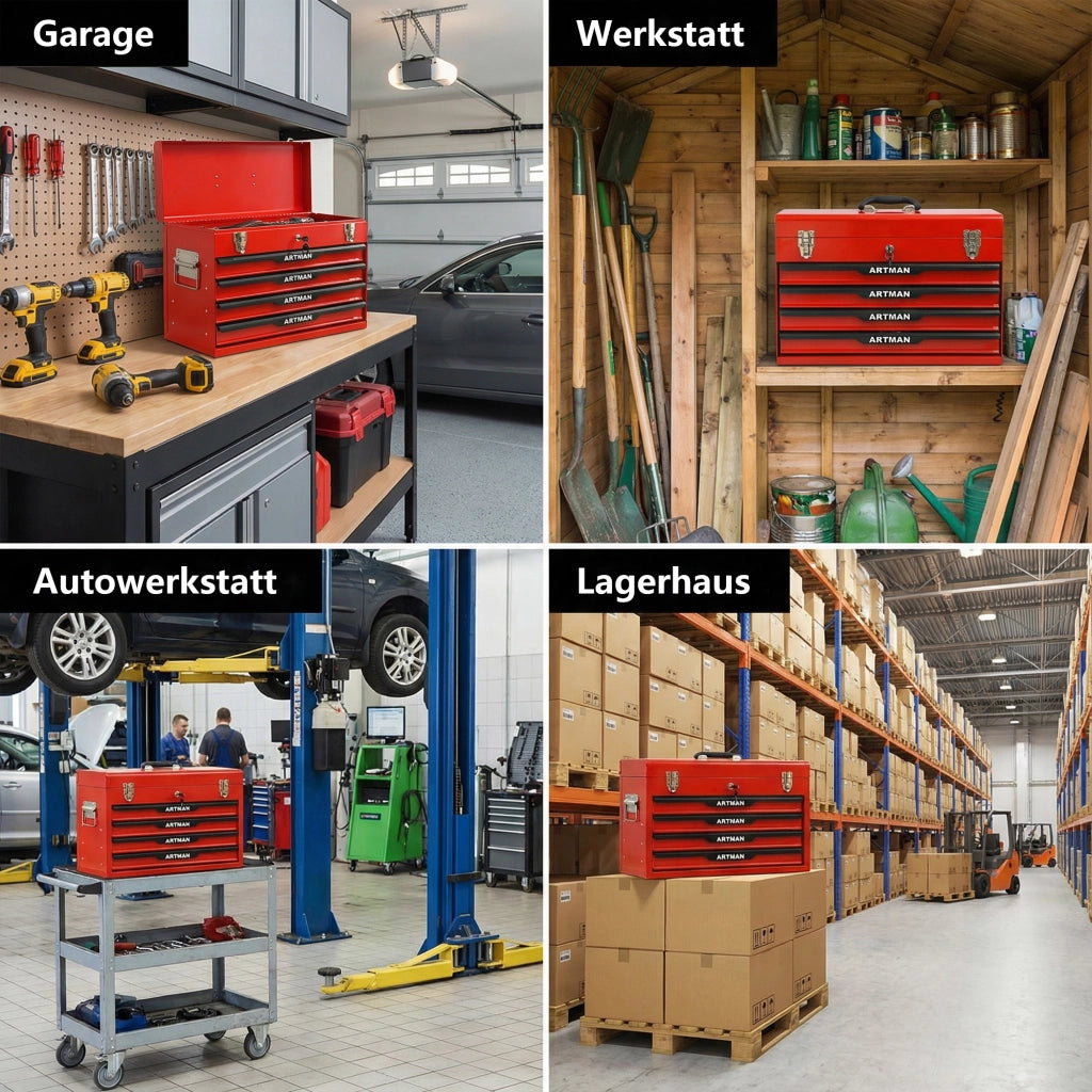 Baule da giardino in acciaio con 3 cassetti e vassoio superiore per officina e garage nero rosso 60 × 29,5 × 42,0 cm