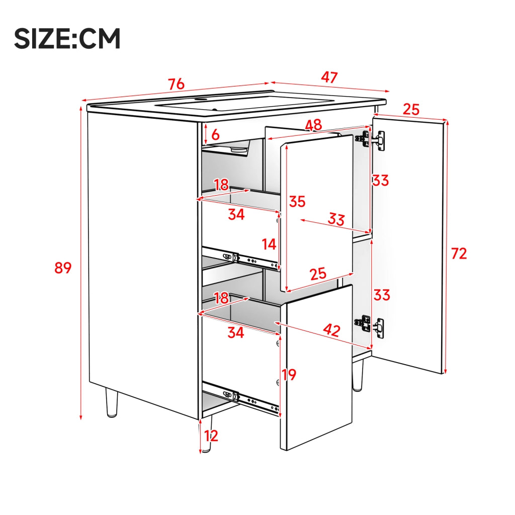 Mobile sottolavabo con 2 cassetti; luce LED; per bagno; in MDF e ceramica; 76×47×89 cm; rosa