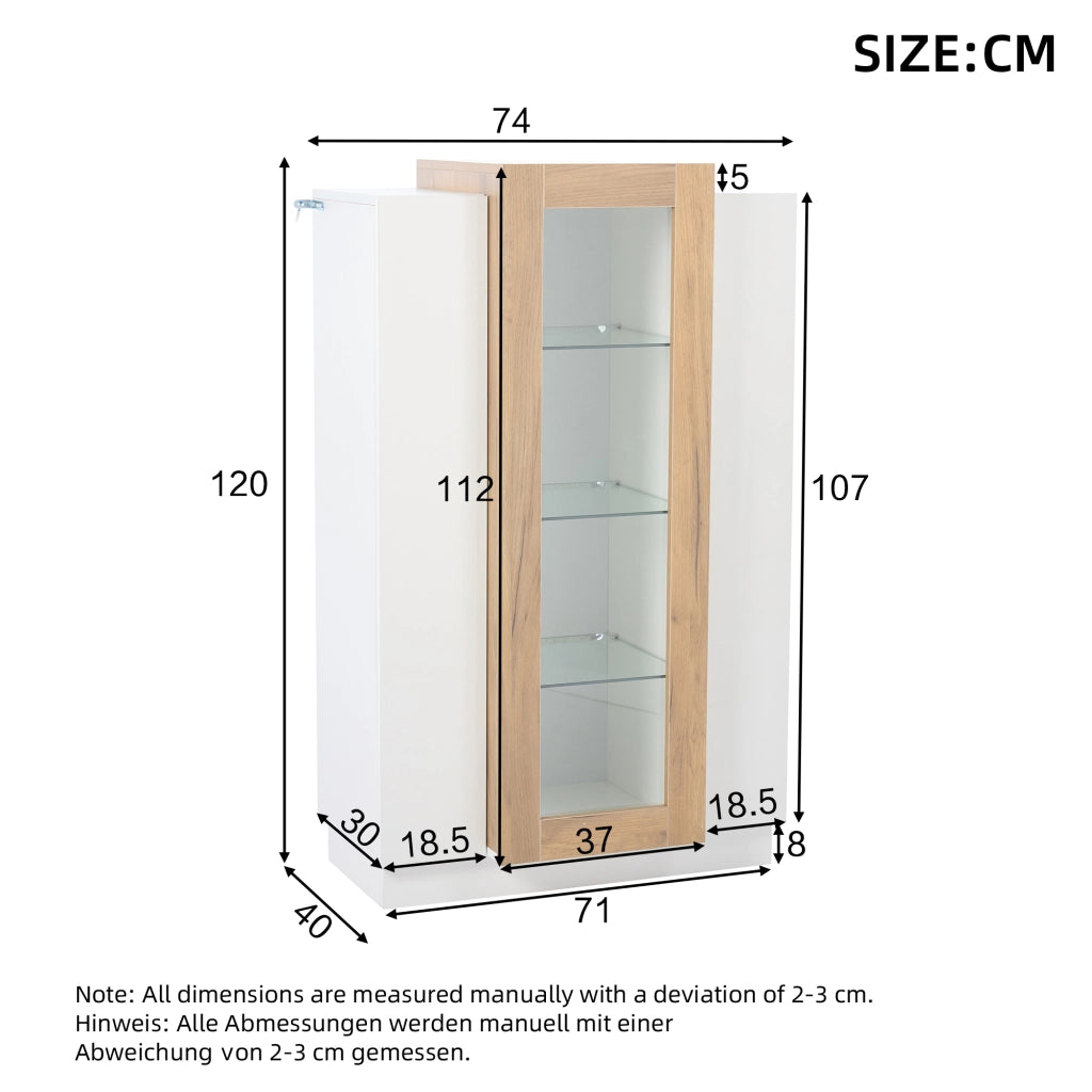 Vetrina soggiorno 74x40x120 cm con 3 ante, LED controllabile via app, struttura in truciolare e finitura bianco/effetto legno