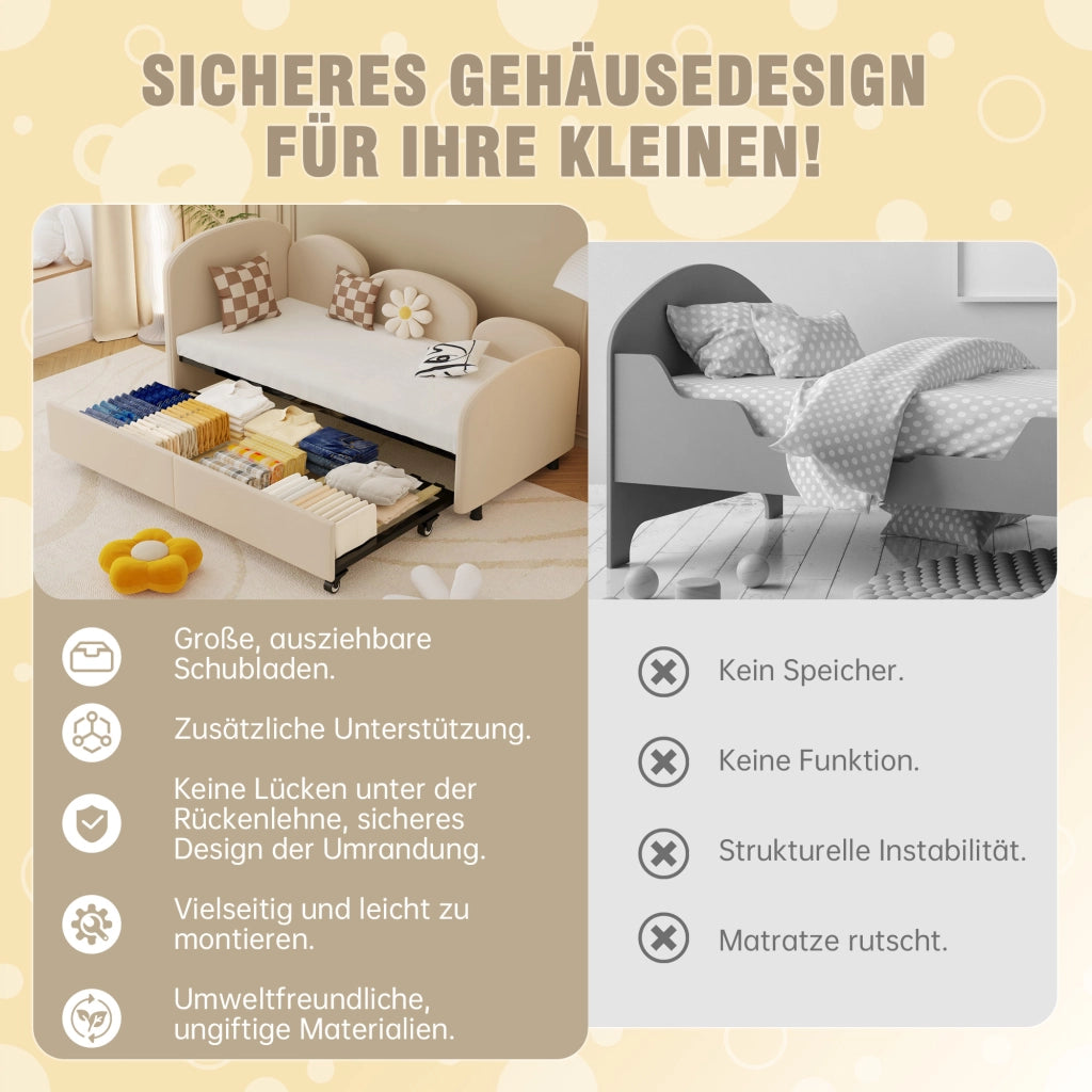Letto per bambini 90 × 200 cm con cassetto, barriera di sicurezza, senza materasso, in velluto, beige