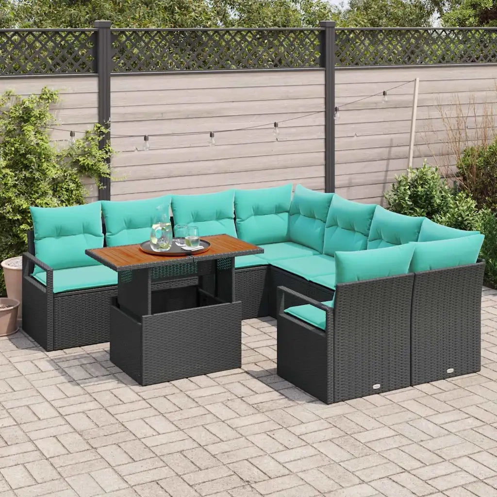 Set da Pranzo per Giardino con cuscino 9 pcs Nero e Verde acqua
