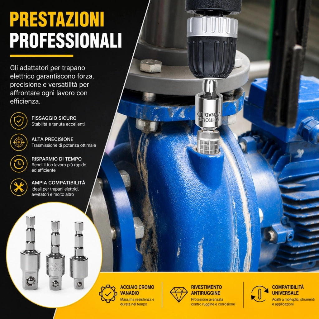 Set 3 Adattatori Per Bussola Trapano Girevoli 360° 1/4" 3/8" 1/2" Acciaio 31489
