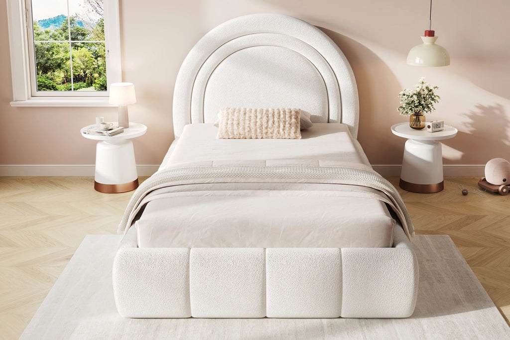 DESMIU Lit enfant 90 × 200 cm con vano contenitore idraulico, senza materasso, in bouclé, beige