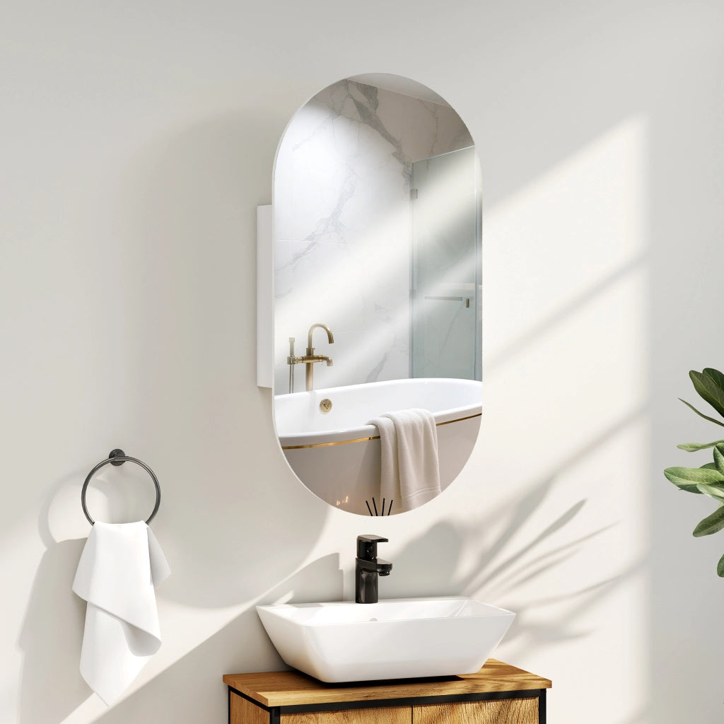 Specchio Bagno Ovale Moderno con Armadietto e Due Ripiani, 45x90 cm, Bianco