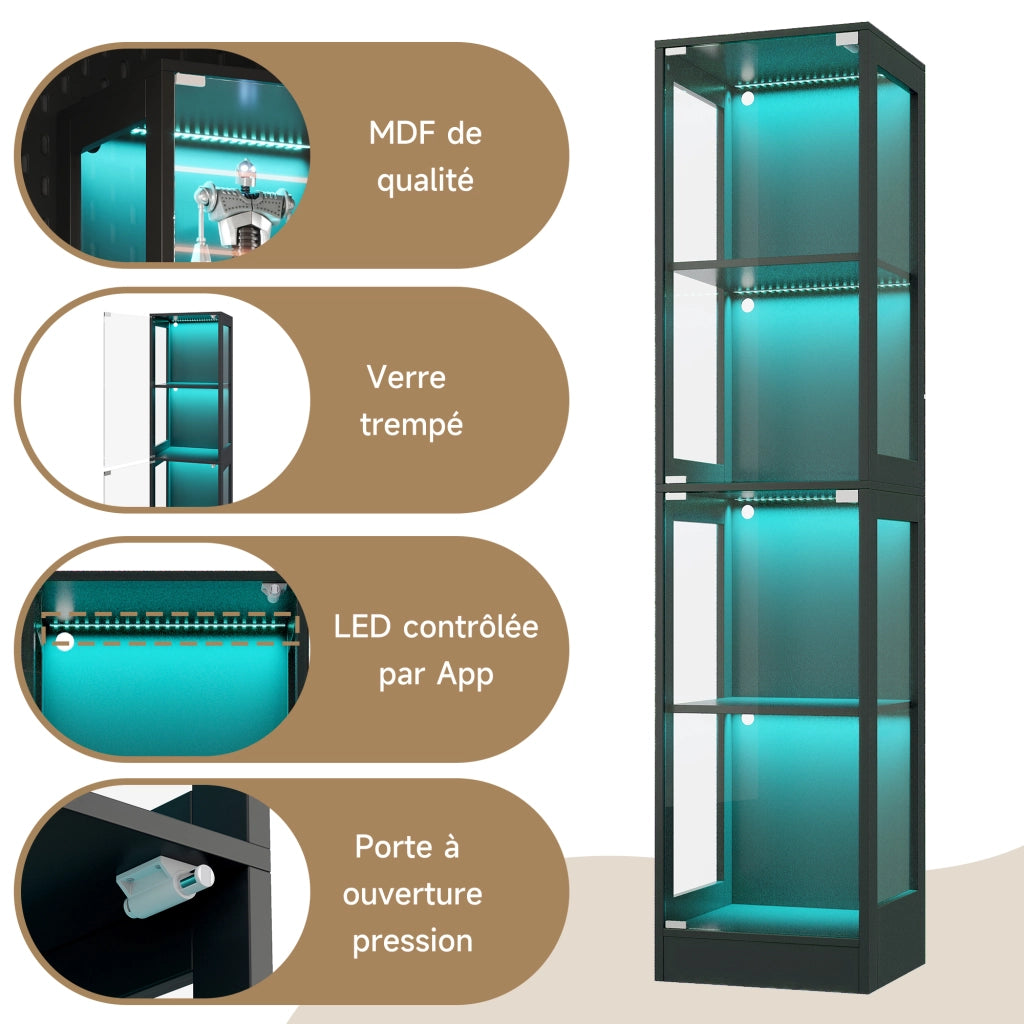 Vetrina Espositiva con LED ¨C MINIMAL ¨C Nero, Vetro Temperato, 4 Ripiani, 40x35x170