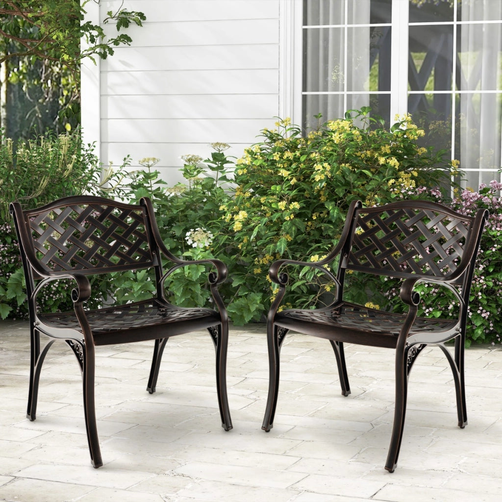 Set di 2 sedie da giardino in alluminio pressofuso, Sedie da pranzo in metallo con braccioli e sedute curve Bronzo Modello 1-Sedie da esterno