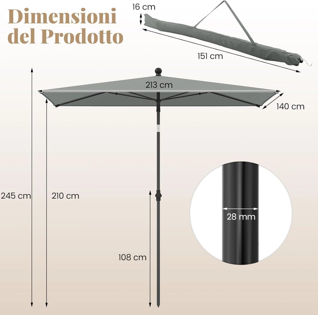 Ombrellone per Patio 213 X 140 cm, Ombrellone Rettangolare da Esterno con Inclinazione Regolabile, Borsa di Trasporto, Parasole Pieghevole per Veranda, Giardino, Piscina, Spiaggia (Grigio)