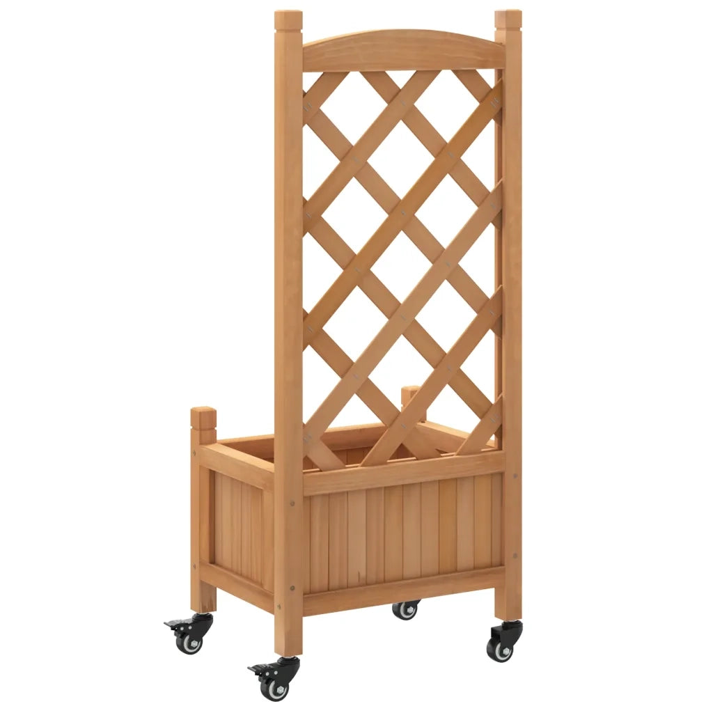 Fioriera | Cassetta per fiori | Vaso con Traliccio e Ruote Marrone Legno Massello di Abete