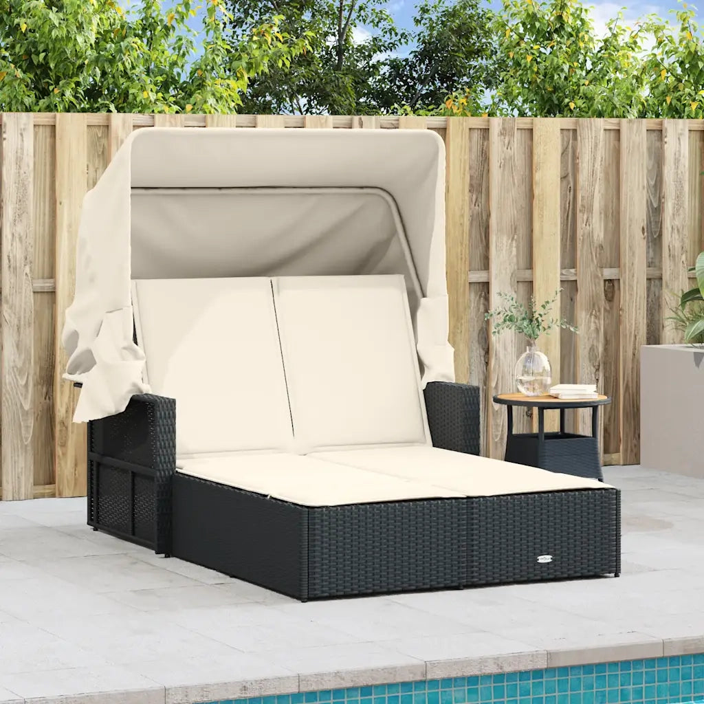 Lettino Prendisole | Sdraio da giardino | Lettino da sole Doppio Baldacchino e Cuscini Nero Polyrattan