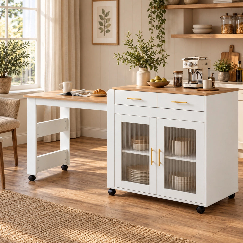 Isola cucina mobile con piano allungabile 116/177 cm; prese EU e USB; bianca