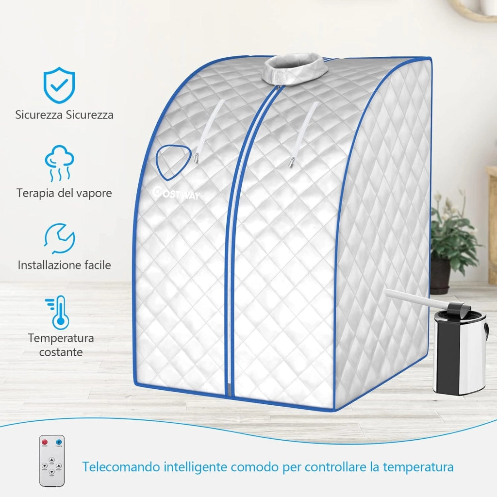 Sauna a Vapore Portatile 3 L, Cabina Domestica per SPA, 9 Temperature Regolabili, 15-90 Minuti, Telecomando e Sedia, 1000W (Argento)