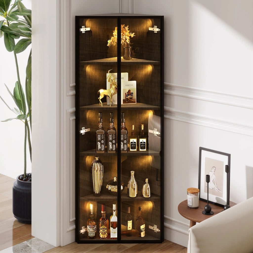 Vetrina ad Angolo con 2 Ante e LED; Stile Moderno; per Soggiorno; in MDF e Vetro Temperato; 62??35??160 cm; Nero