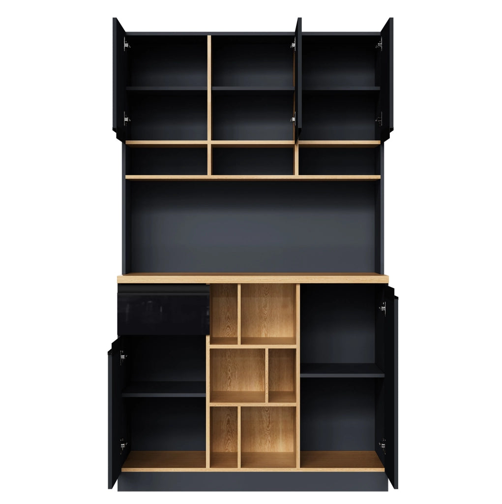Mobile alto da cucina in MDF nero e naturale con ante, cassetto e ripiani