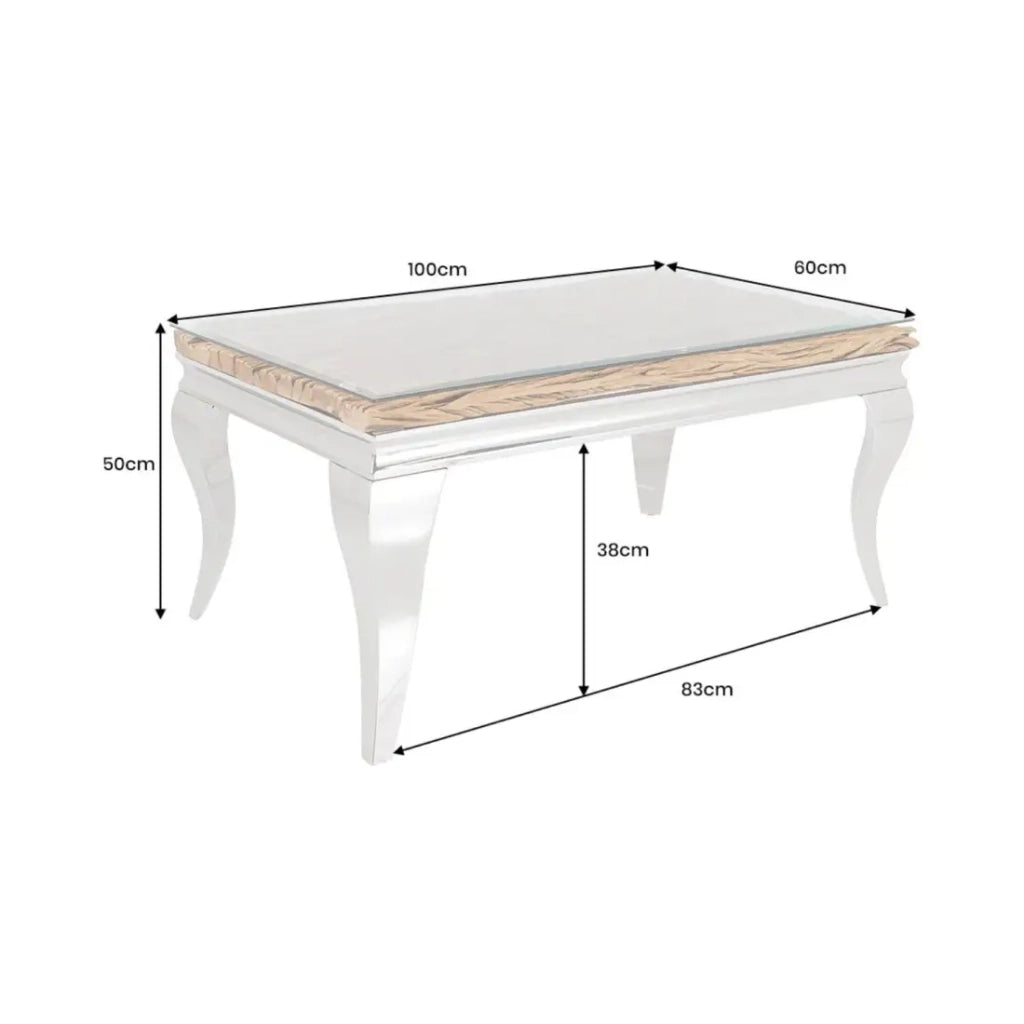 Tavolino basso VELENA 100 cm in teak con vetro temperato – Piedi cromati design barocco
