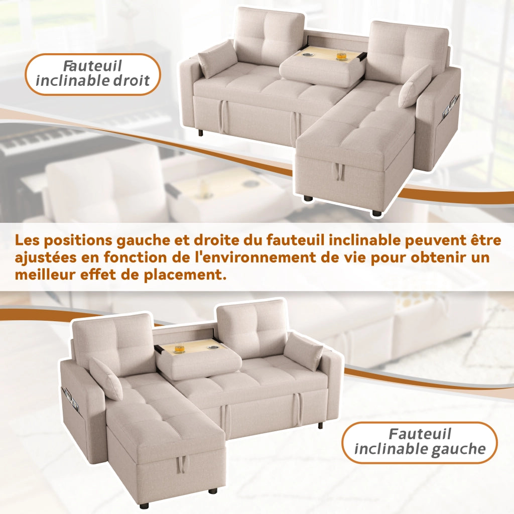 Divano letto angolare modulare 3-4 posti con vano contenitore; tasca e portabicchieri in lino beige 211 Ã— 136 Ã— 87 cm