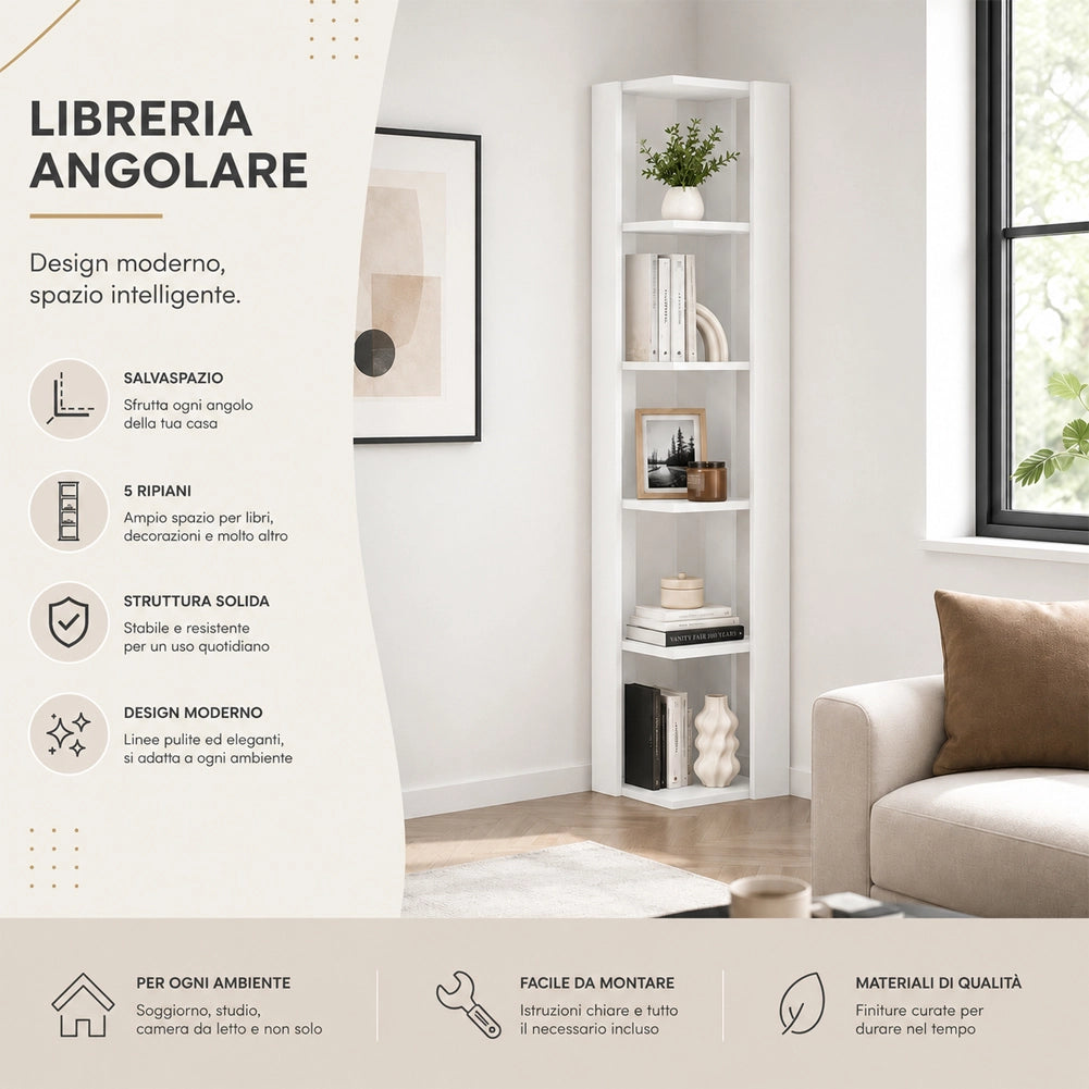 Libreria Angolare 34x34x161 cm Scaffale Salvaspazio 5 Ripiani in Legno Bianco
