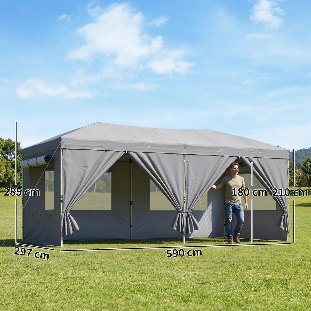 Gazebo Pieghevole 3x6 m con 6 Pareti Laterali, Sacchi e Picchetti, in Metallo e Tessuto Oxford, Grigio Scuro