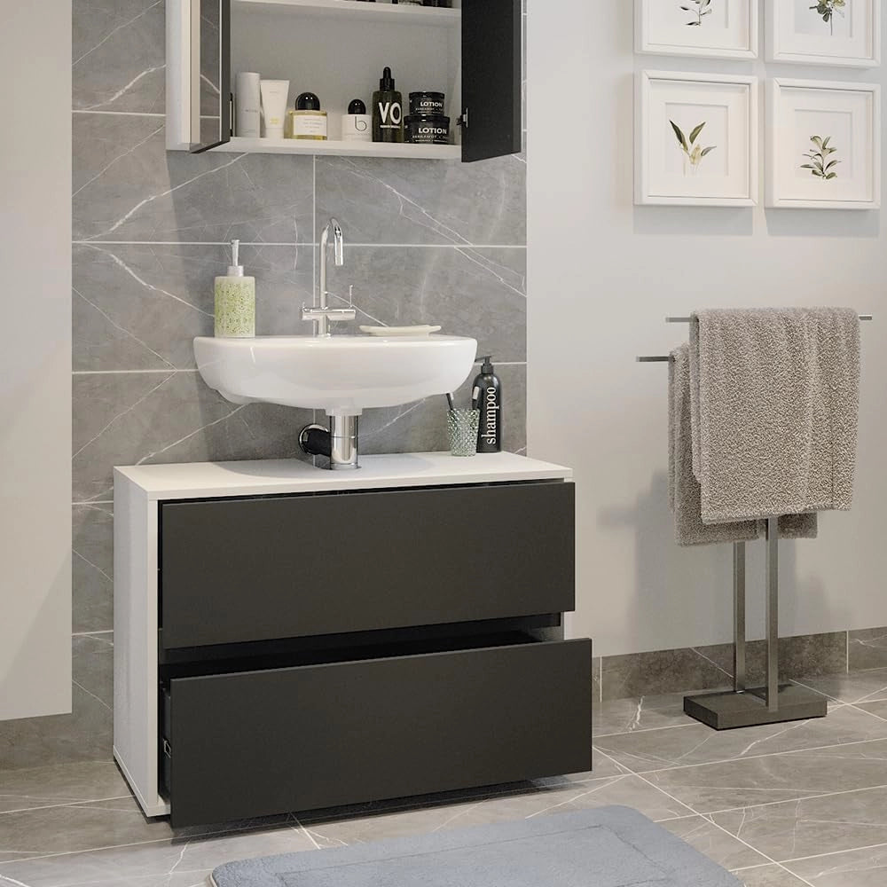 Mobile sottolavabo per bagno Maltin, Bianco/antracite, 80.2 x 58.2 cm con due ampi cassetti, con ritaglio per sifone e soluzione salvaspazio per il bagno