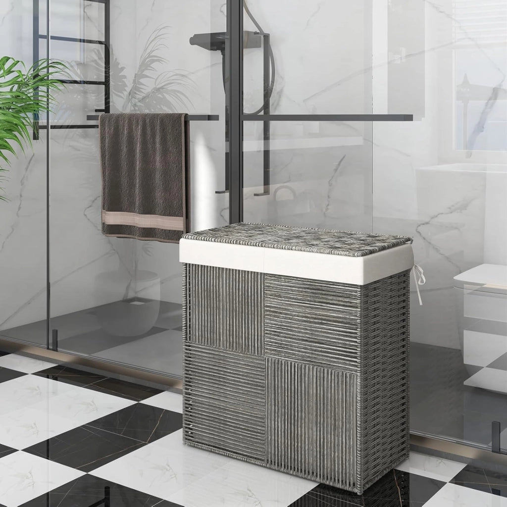 Cesto portabiancheria con coperchio, 110 l, in rattan con tasca interna in 2 parti, design pieghevole e pratici manici, cestino per vestiti in tessuto a mano, per lavanderia e bagno, grigio