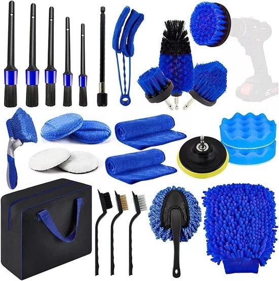 Kit di Pulizia Auto 27 pezzi per Interno Esterno - Kit di Pulizia Auto con Set di Spazzole e Borsa - Per Vetro Parabrezza, Fessure d'Aerazione - Per Auto, Motocicletta, Bicicletta - Accessori di Dettaglio