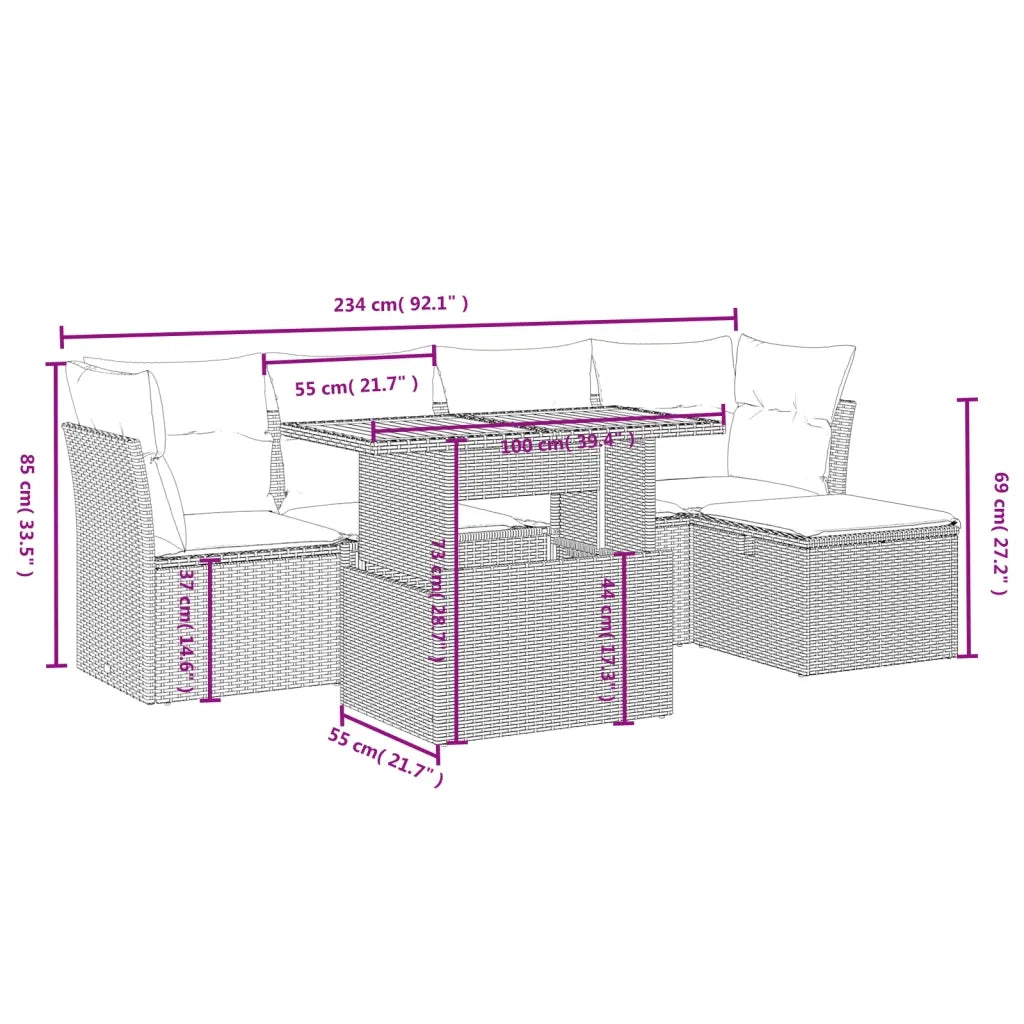 Set Divano da Giardino 6 pz con Cuscini Beige in Polyrattan