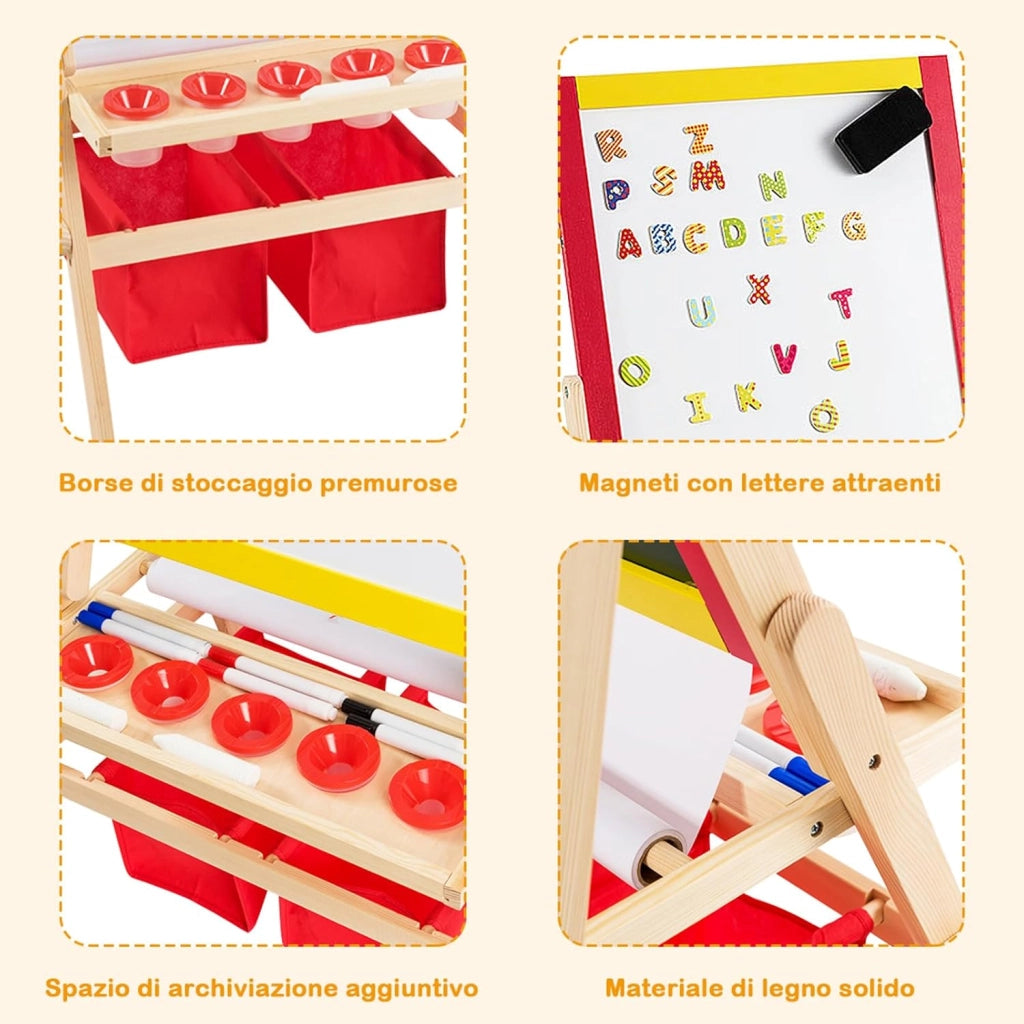 Cavalletto per Bambini 3 in 1, Lavagna Bifacciale, Cavalletto per Disegnare, con Rotolo di Carta, Magnetica, Accessori Completi, in Legno (52,5x51,5x106,5cm)