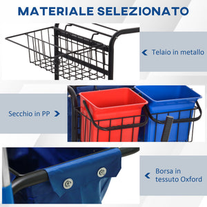 Carrello Pulizie Professionale 4 Secchi Strizzatore e Sacco Rosso Blu e Nero