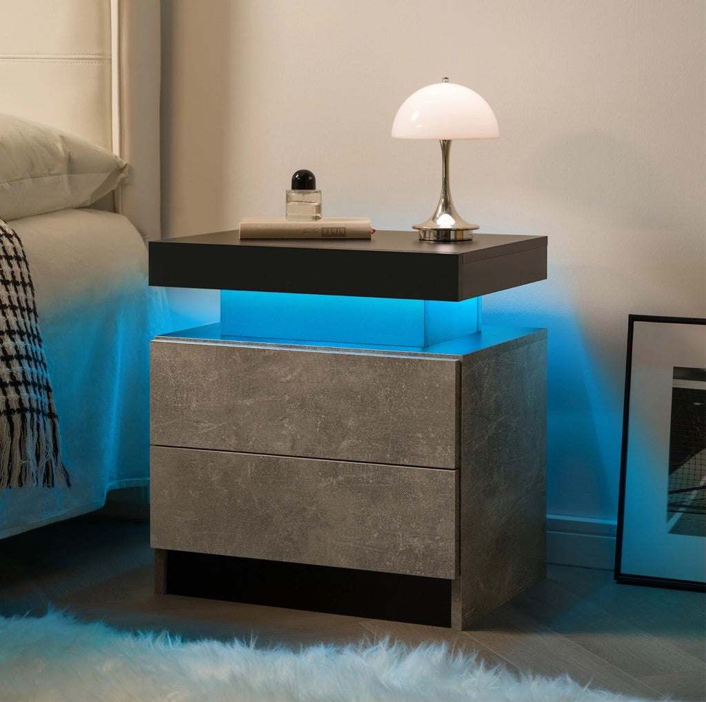 Comodino con luci LED regolabili e 2 cassetti in legno ingegnerizzato grigio