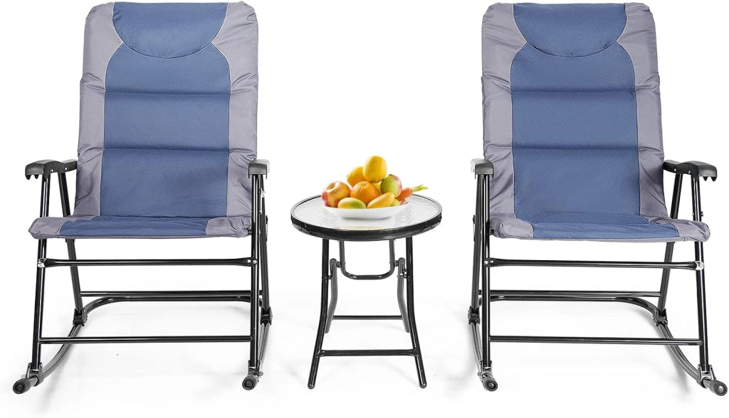 Set di sedie a dondolo pieghevoli, per balcone, set da 3 pezzi, con 1 tavolino e 2 sedie a dondolo, da giardino, per esterni, balcone, set per 2 persone, per balcone, giardino (blu)