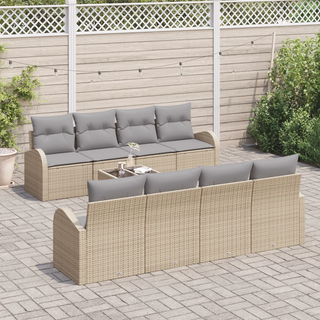 Set da Giardino  9 Pezzi con Cuscini Beige Polyrattan