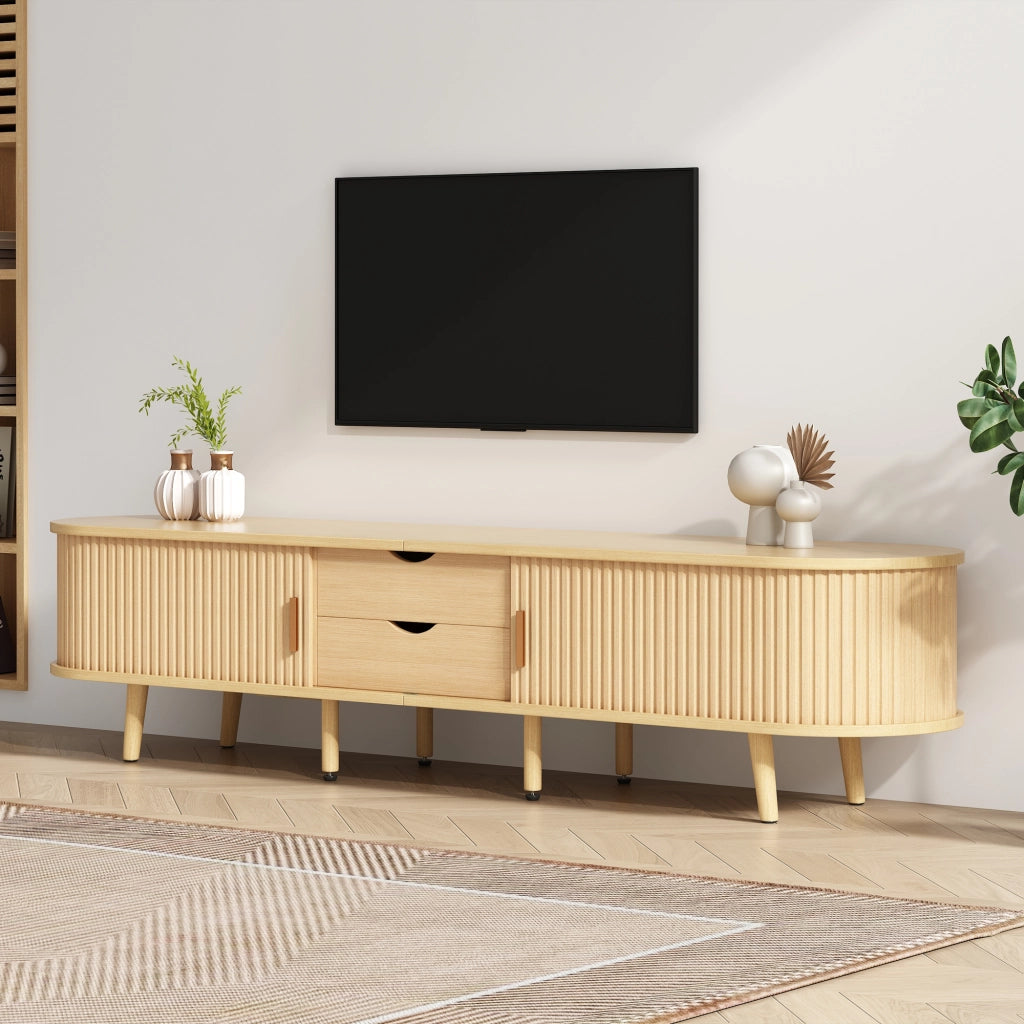 Mobile TV con 2 Cassetti e 2 Ante Scorrevoli; Ripiani Regolabili; per Soggiorno; in MDF; Noce Chiaro; 175×40×42 cm