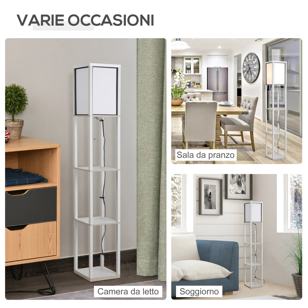 Lampada da Terra con Scaffali ¨C zephmum ¨C Legno e PS, Bianco, 26x26x160 cm