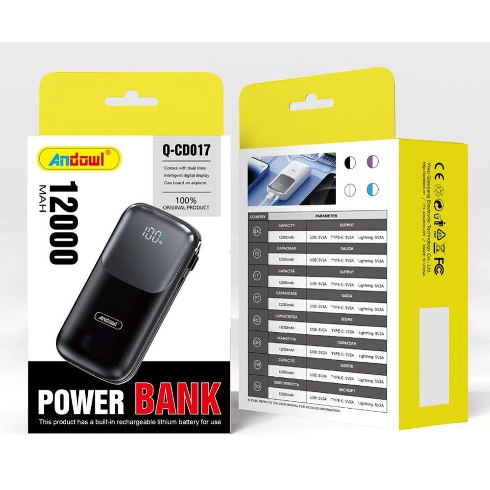 Trade Shop - Power Bank Portatile 12000mah Display Led Digitale Intelligente Cavi Integrati Q-cd017 -