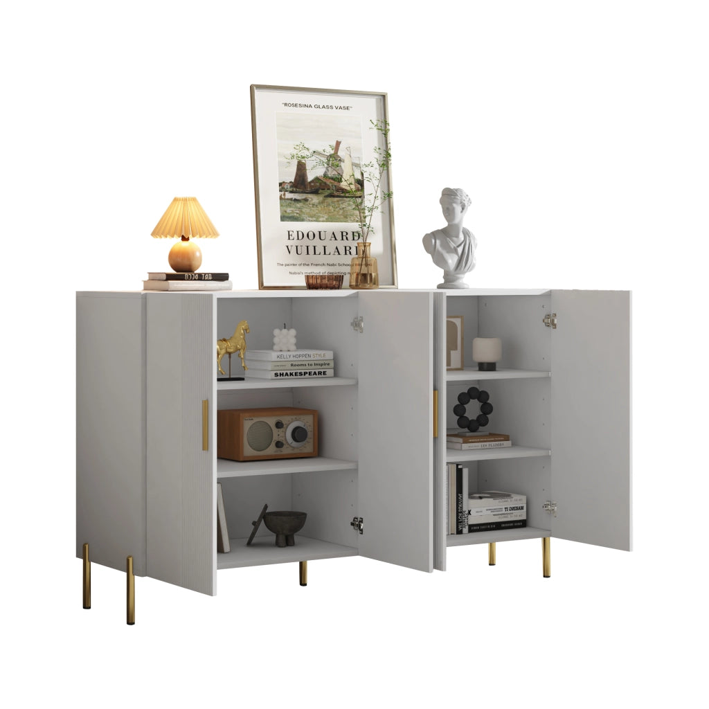 Credenza Bianca Moderna Mobile Buffet 4 Ante con Dettagli Oro 160x35x100cm