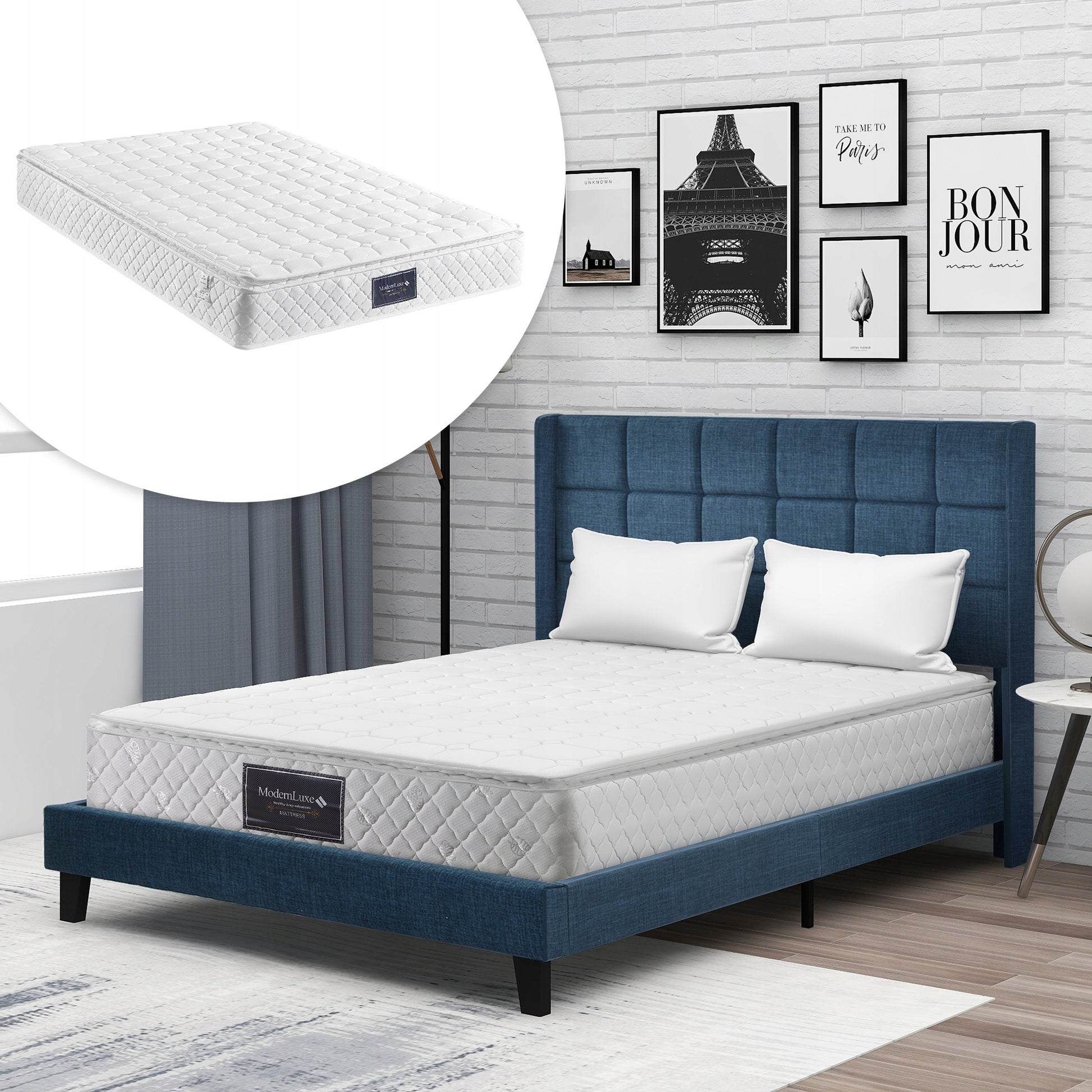 Letto imbottito 140x200 - Xylo - Blu lino con materasso