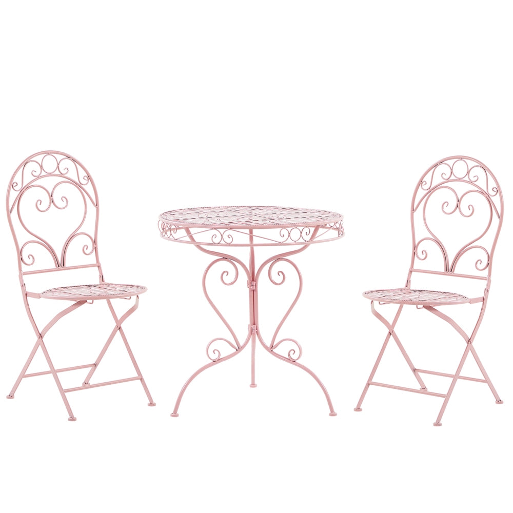 Set da bistrot da giardino in metallo rosa verniciato a polvere con tavolo e sedie da 3 pezzi