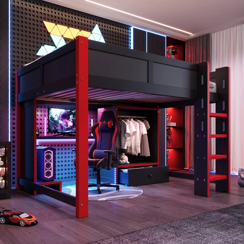 Letto a Soppalco Gaming con Scrivania e Cassetti ¨C Xylo ¨C Nero 140x200 cm con LED
