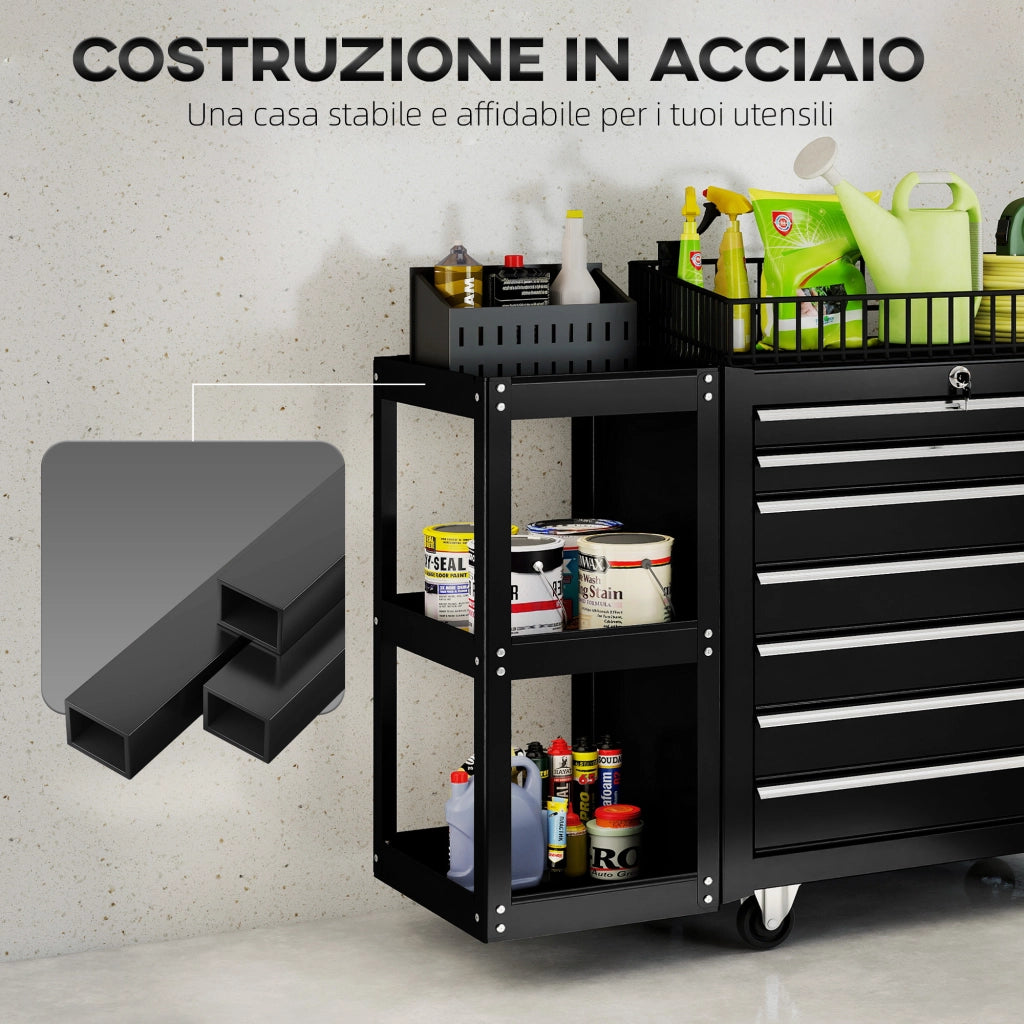 Carrello Portautensili 96x33,5x75 cm con 7 Cassetti Mensola Laterale Staccabile Ruote Capacità 120kg in Acciaio Nero
