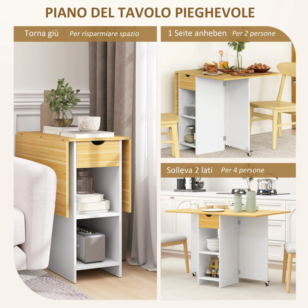 Tavolo Salvaspazio Pieghevole a 2 Ribalte per 2-4 Persone Quercia