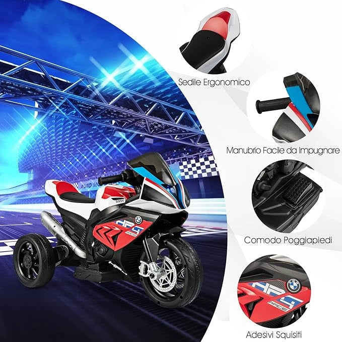 6V BMW Moto Cavalcabile per Bambini, Motocicletta a 3 Ruote con Musica Fari, 3km/h, Moto Elettrica Regalo per Bambini 37 a 96 Mesi (Rosso)