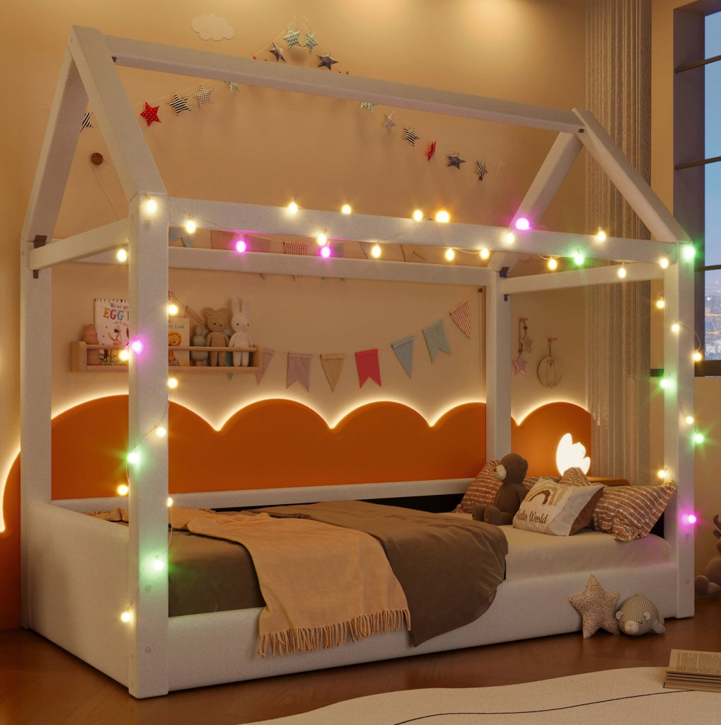 Letto a casetta imbottito con LED; 90x200 cm; beige