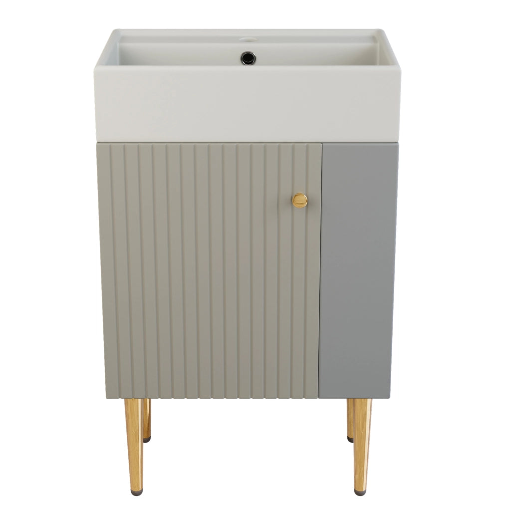 Mobile sotto lavabo da bagno con lavabo in ceramica; vani laterali; per bagno piccolo; grigio e bianco