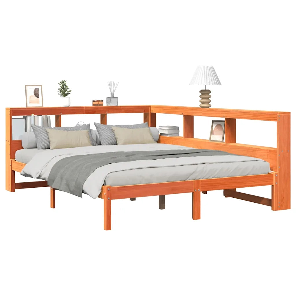 Letto Libreria senza Materasso-Struttura Letto con contenitore Marrone Cera 140x200 cm in Pino 162491