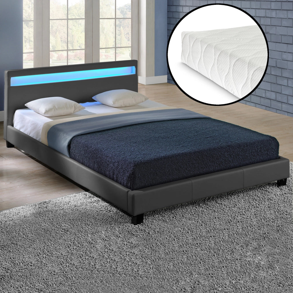 Letto Francese con Materasso 140x200 cm Testiera Alta con Illuminazione a LED Similpelle - Grigio Scuro Corium